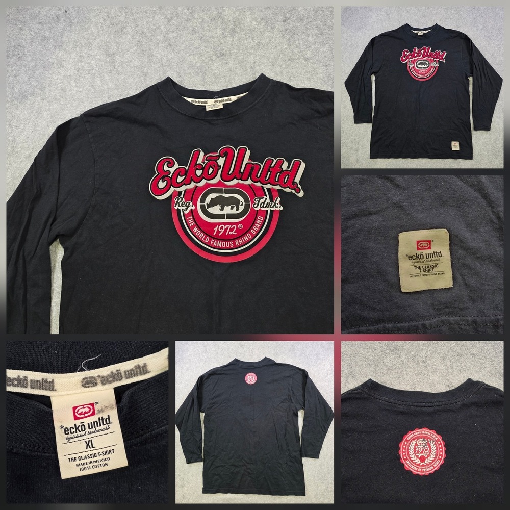 VTG Ecko Unltd Shirt Mens XL Black Long Sleeve Rhino Logo Graphic Y2K Streetwear